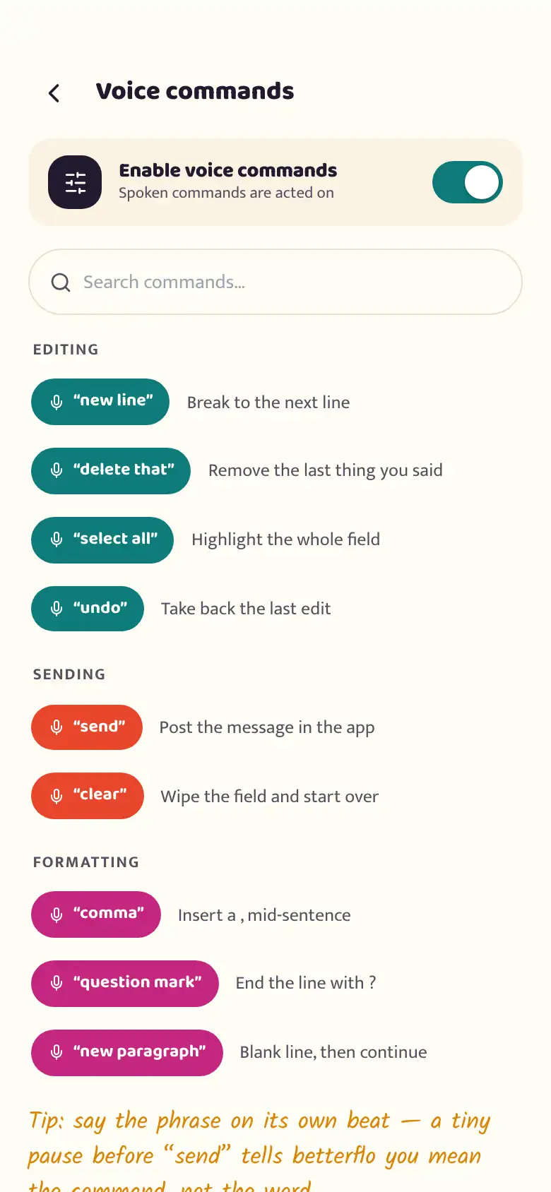 The betterflo voice-commands reference screen, showing spoken editing and formatting commands grouped by type, with a search field and a master on/off toggle