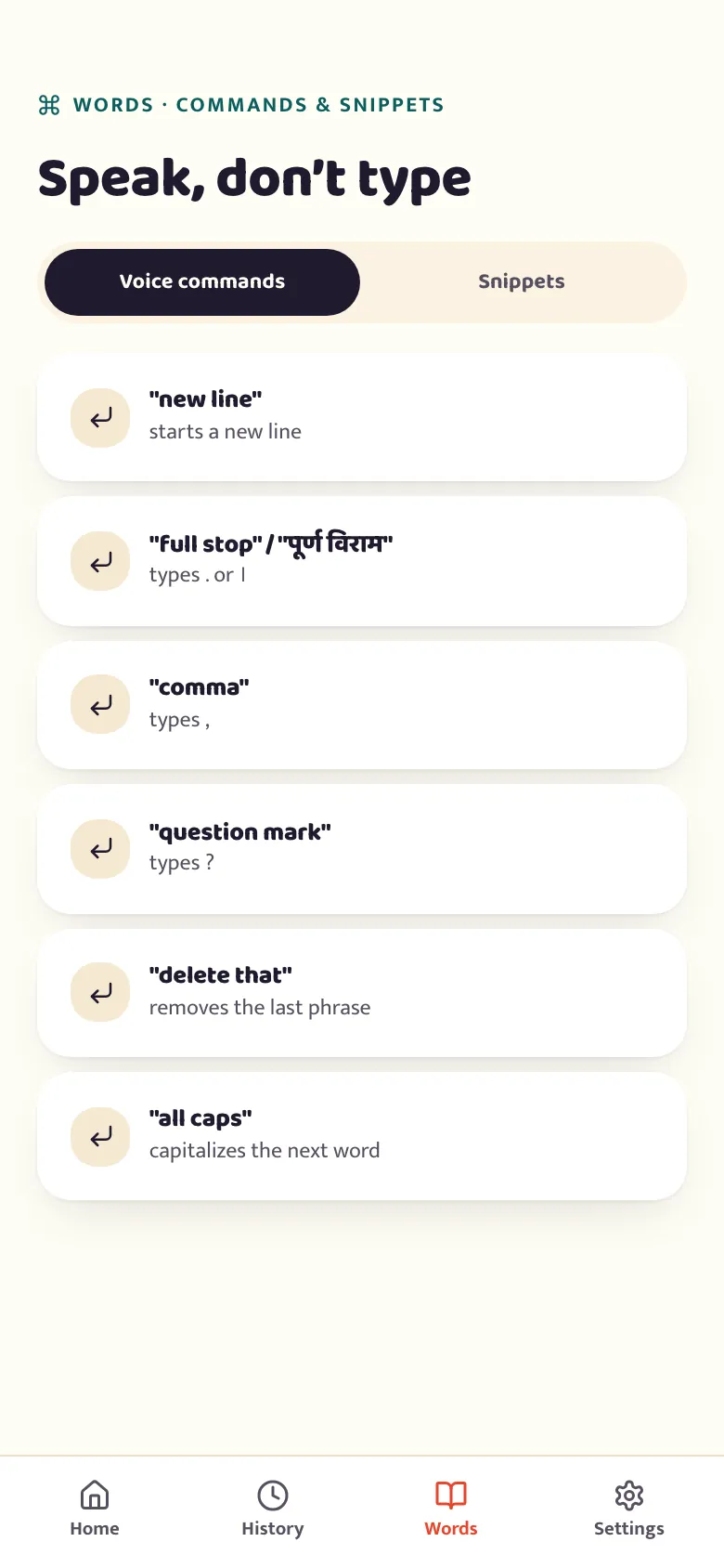 The betterflo commands & snippets settings screen, with voice commands and reusable text snippets grouped as toggleable features