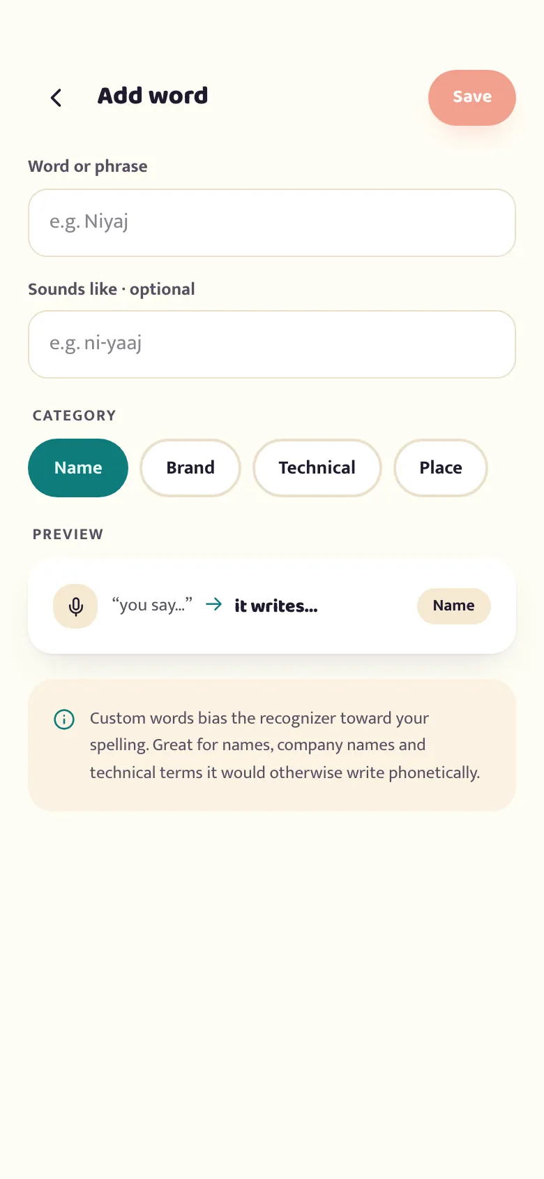 The betterflo add-a-word screen, entering a custom name and its correct spelling for the recognizer to learn