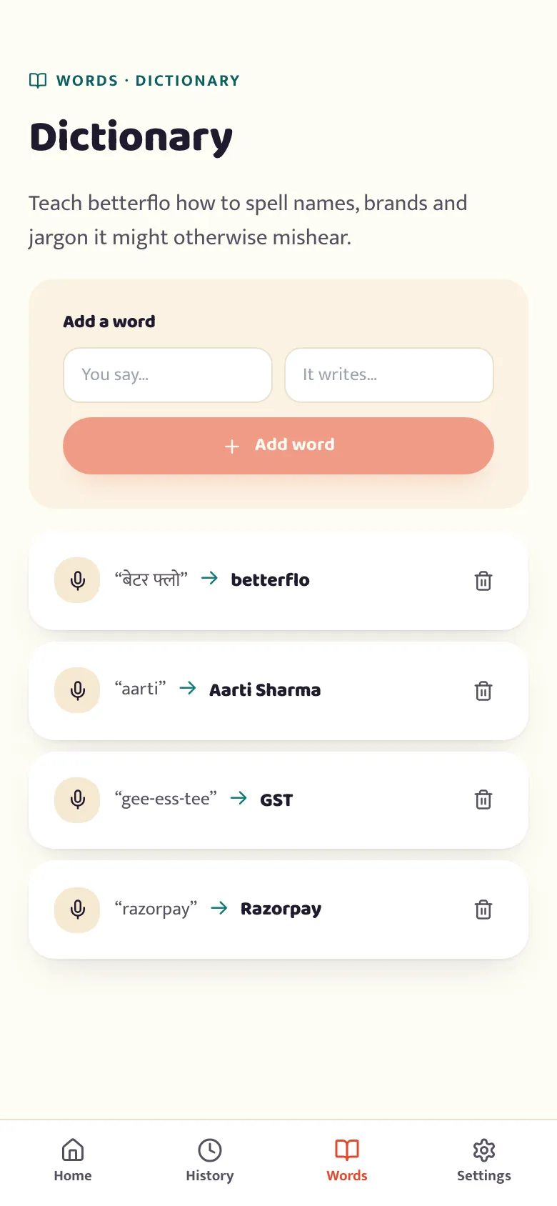The betterflo dictionary screen listing custom words the recognizer should spell correctly, such as names and brands, with an add-a-word card at the top