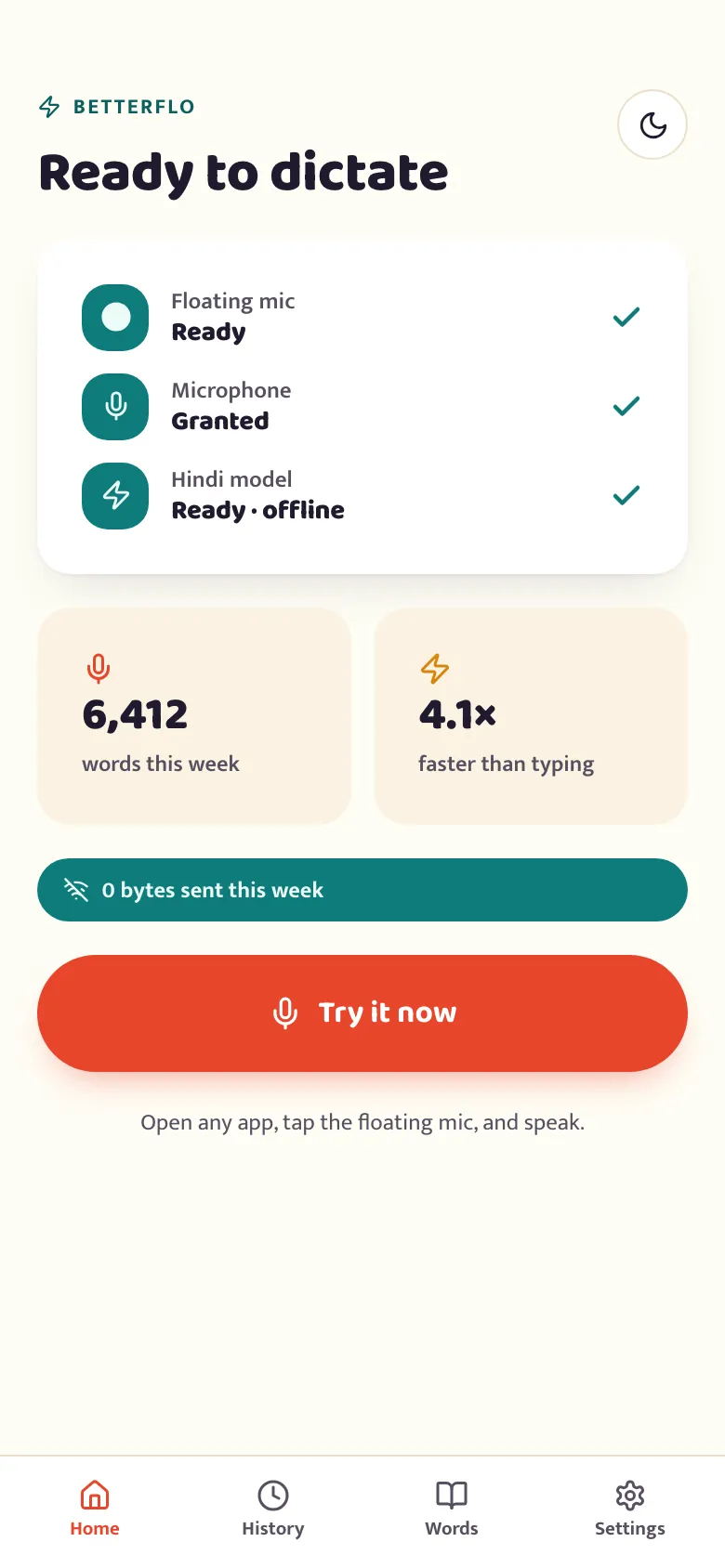The betterflo home screen: floating mic ready, microphone granted, Hindi model ready and offline, with 6,412 words dictated this week and 0 bytes sent