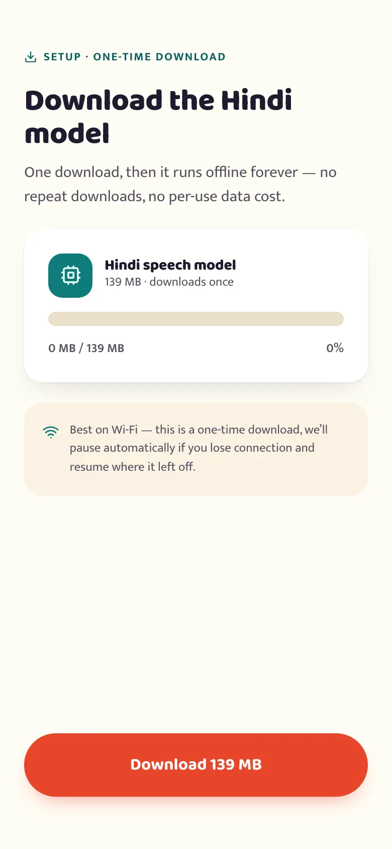 The betterflo model download screen, fetching the Hindi speech model for offline use with a progress bar