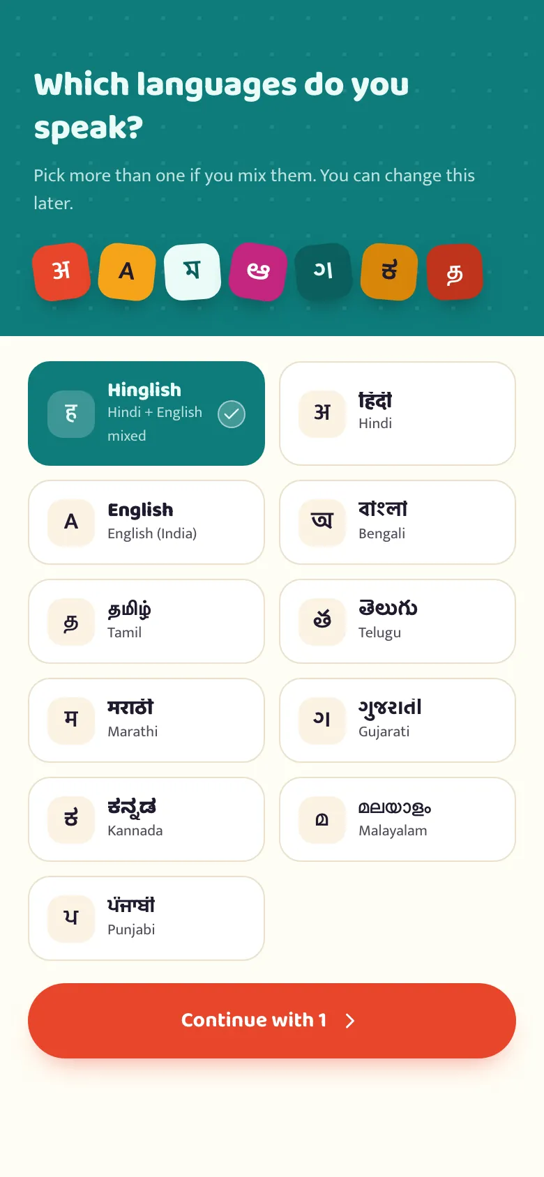 The betterflo onboarding language picker, multi-selecting from eleven Indian languages before setup continues
