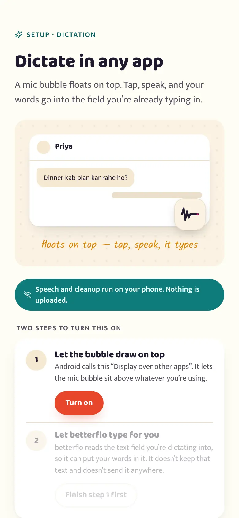 The betterflo floating-mic setup screen, walking through the two grants it needs one at a time