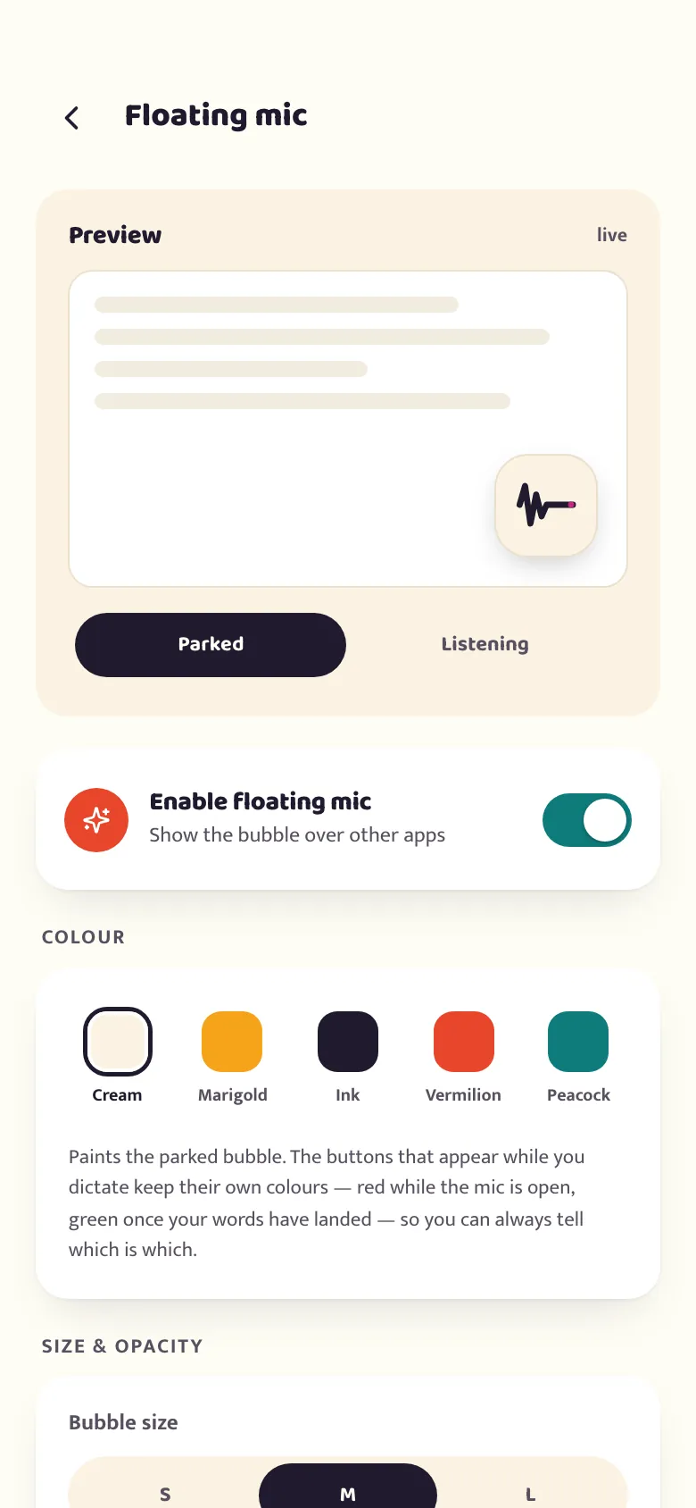 The betterflo floating-mic settings screen, with bubble size, position and auto-hide options