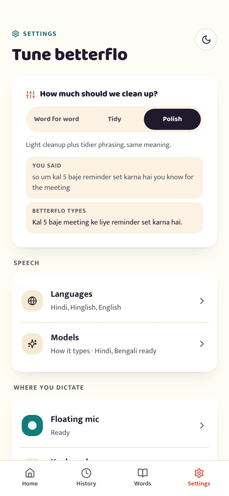 The betterflo settings screen, with language, privacy and account options