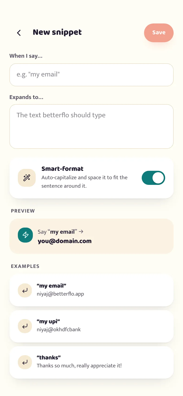 The betterflo snippet editor, writing a reusable phrase and the spoken trigger that inserts it
